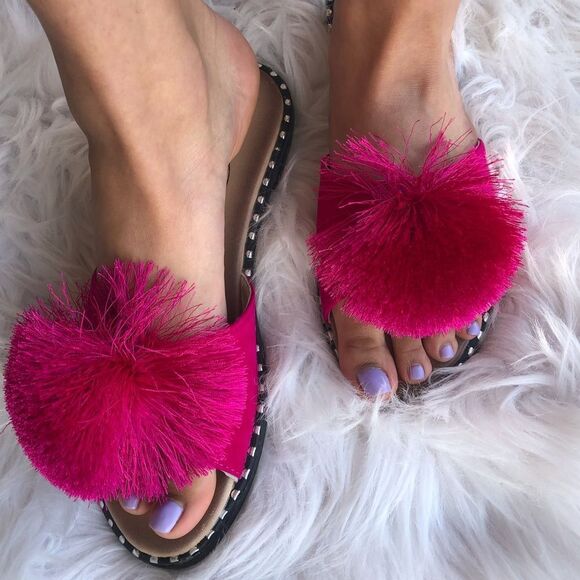 Restocked! Best Seller Fuchsia Pom Stud Slide-In Mule Sandal - Picture 5 of 6
